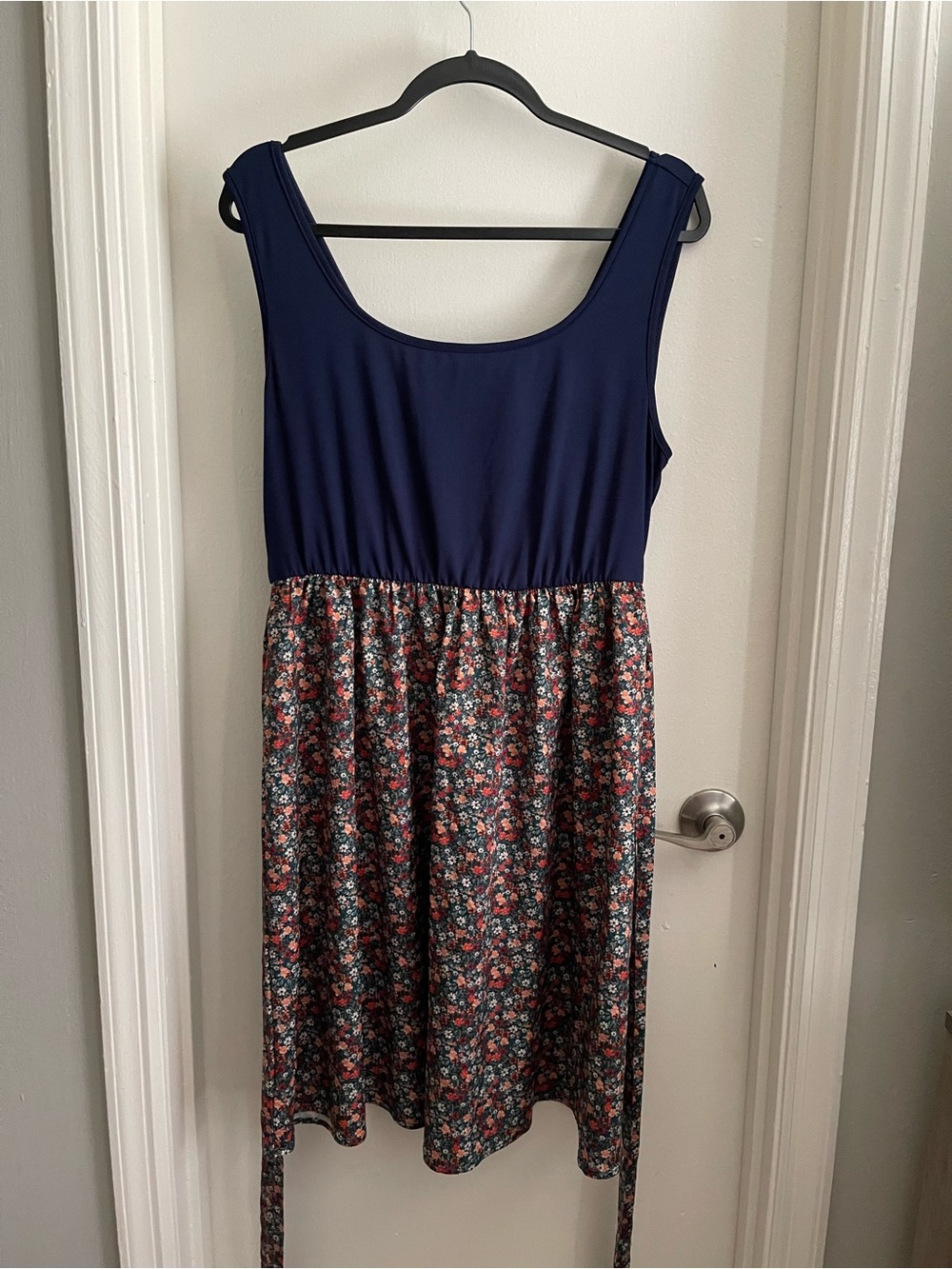 Mini Dress Solid Navy Blue with Floral